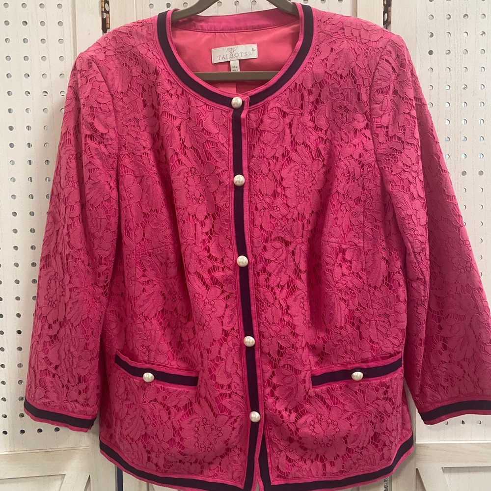 Talbots Fuchsia Lace Blazer with Navy Trim